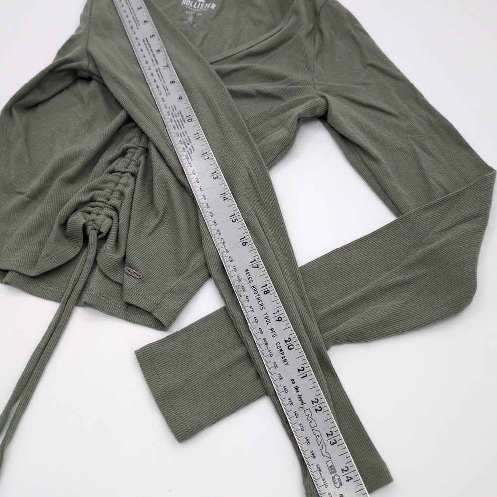 Hollister Ruched Front Crop Top Size S Olive Green Long Sleeve Drawstring Ribbed - Picture 7 of 8